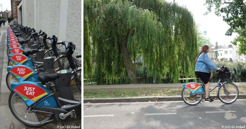 Eine Dublin Bike Station und Radfahren am Grand Canal in Dublin, Irland
