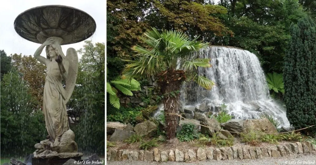 Ein Schnappschuss eines der schönen Wasserbrunnen und des Wasserfalls in den Iveagh Gardens, Dublin, Irland