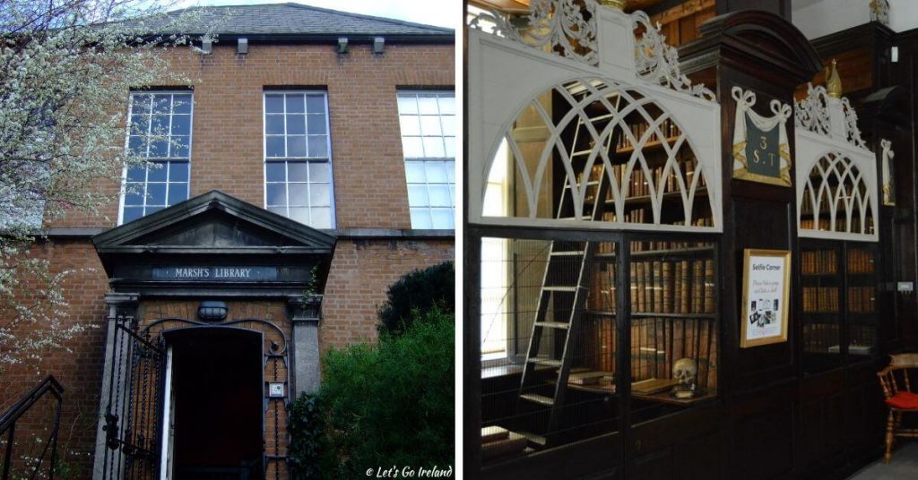 Der Haupteingang und ein Blick ins Innere der Marsh's Library, Dublin, Irland