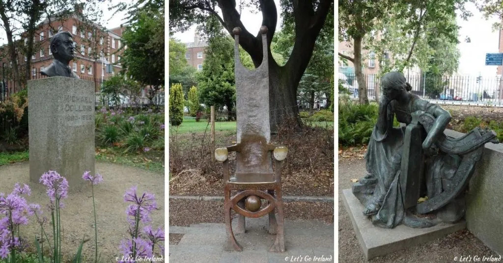 Die Büste des Freiheitskämpfers Michael Collins, der Joker's Chair zu Ehren des verstorbenen Dermot Morgan und eine Statue von Éire (personifiziertes Irland) im Merrion Square Park, Dublin, Irland