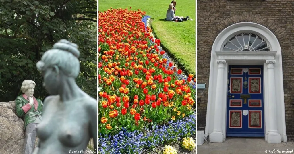 Die Oscar Wilde Statue mit einer Statue seiner nackten Frau im Vordergrund, ein Tulpenbeet und eine Georgianische Tür in Merrion Square Park, Dublin, Irland