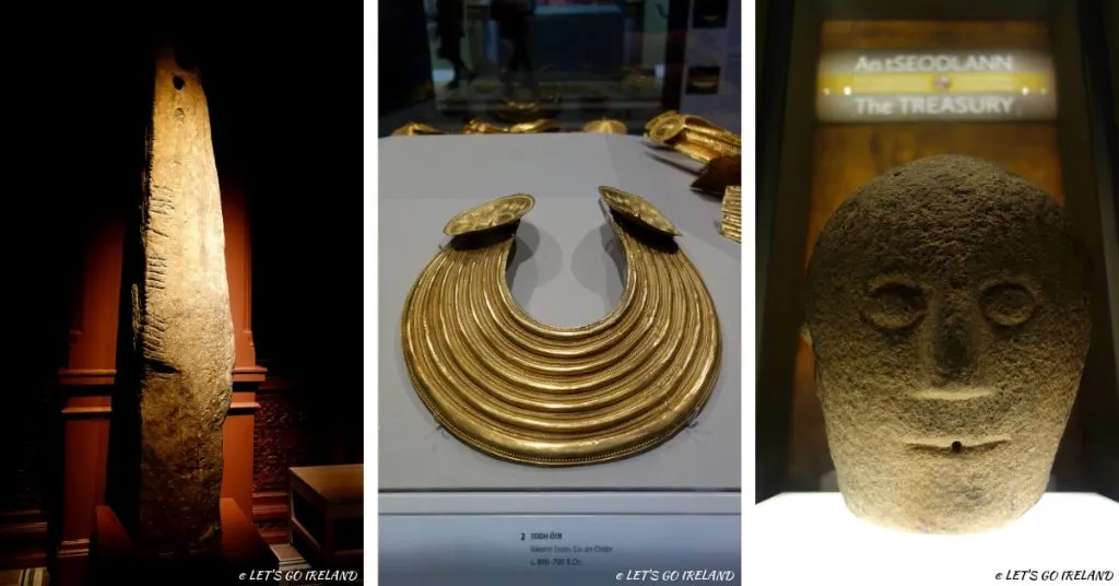 Artefakte vom National Museum of Ireland - Ein Oghamstein, ein goldenes Halsband und ein dreiseitiger Steinkopf