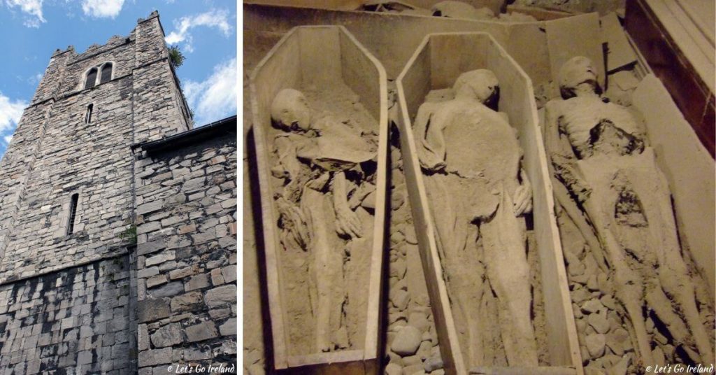 The tower of St. Michan's Church, Dublin, Ireland and a glimpse of the mummies, including the "Crusader" in the crypt.