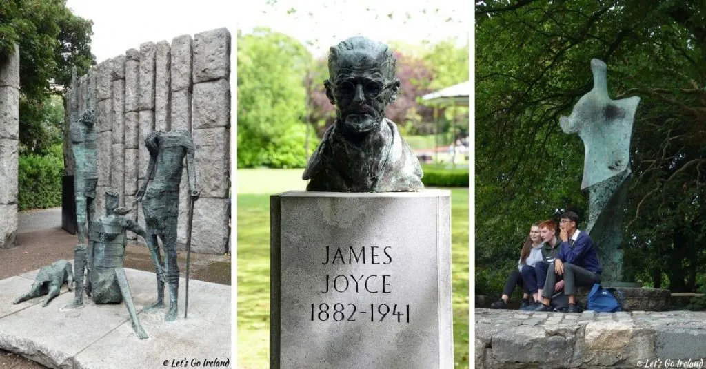 Das Hungersnot Denkmal, die Büste von James Joyce und eine Statue von W. B. Yeats im St. Stephen's Green, Dublin, Irland