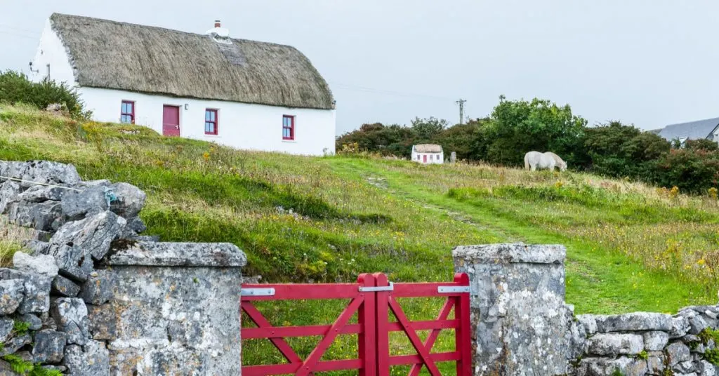 Ein strohgedecktes Haus mit Pferd, Irland