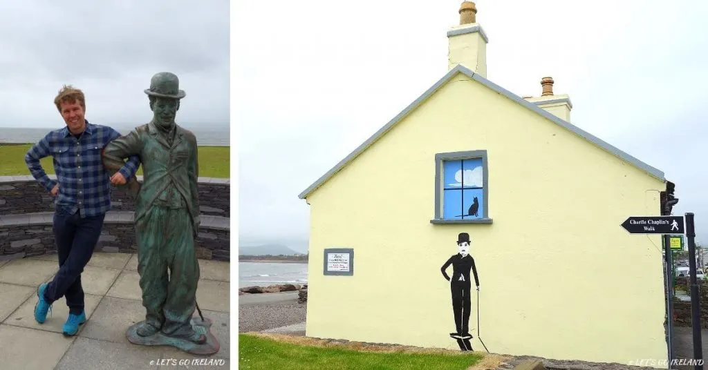 Charlie Chaplin Statue und ein Chaplin Wandbild, Waterville, Kerry, Irland