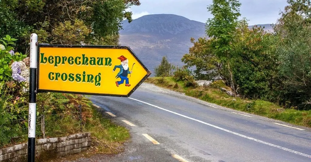 Leprechaun crossing sign at Ladies' View, near Killarney, Ireland.