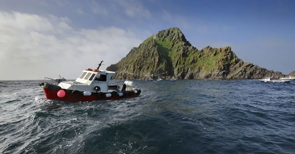 boat in front of Skellig Michael County Kerry Ireland