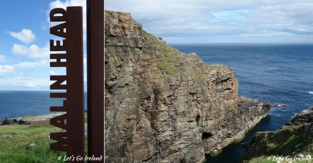 sign and view of cliffs of Malin Head County Donegal Ireland
