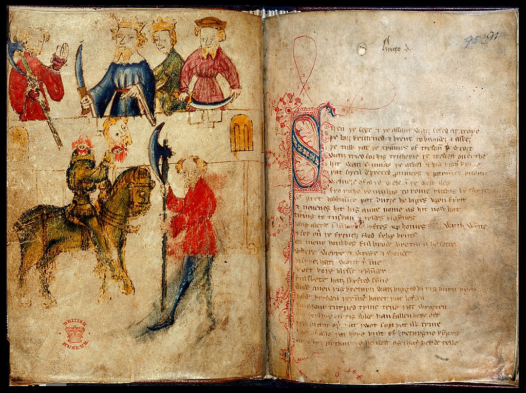 The first page of the 14th century manuscript of Sir Gawain and the Green Knight