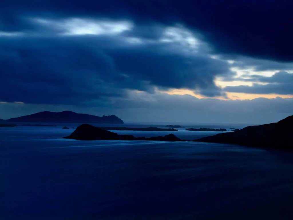 Stormy sky with backdrop of the Blasket Islands on the Dingle Peninsula, County Kerry.