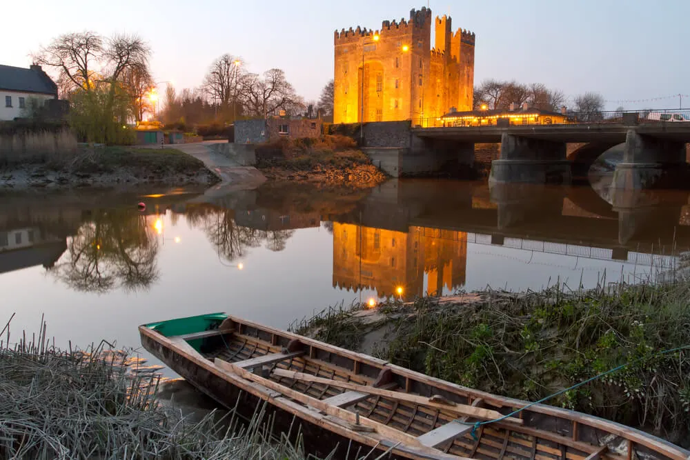 Bunratty Castle, County Clare, Ireland at dusk in winter.
