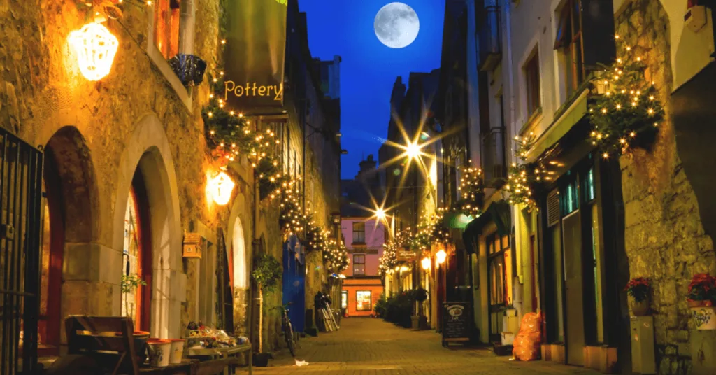 Christmas lights in Galway, Ireland in December.