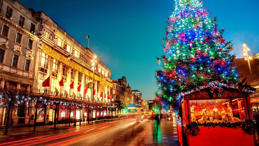 O'Connell Street, Dublin, Ireland with festive lights and decorations.