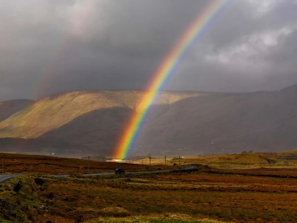 The end of a rainbow in County Galway, Ireland.