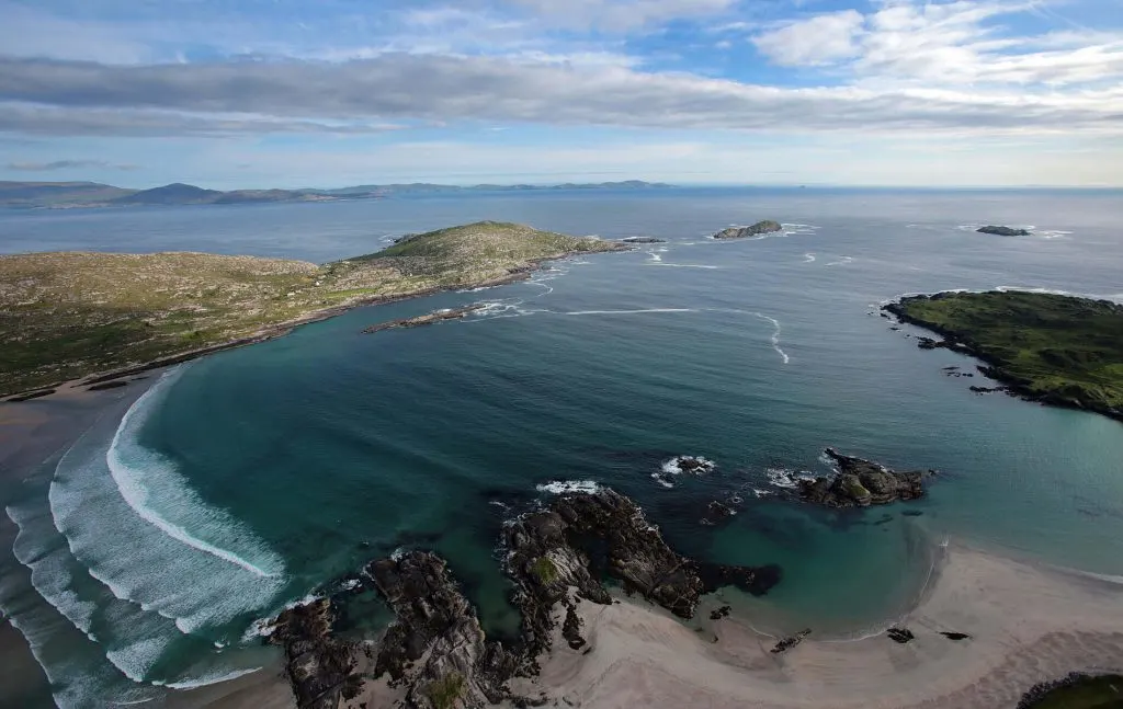 Aerial view of the coast along the Ring of Kerry, Ireland.
