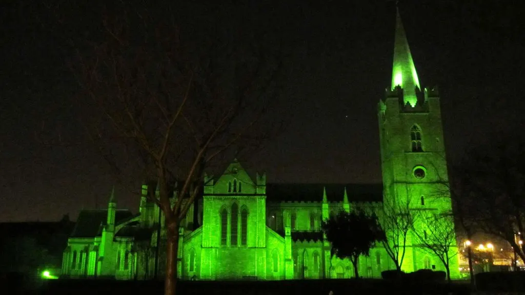 St. Patrick's Church in Dublin, Ireland illuminated in green for the St. Patrick's Day celebrations.