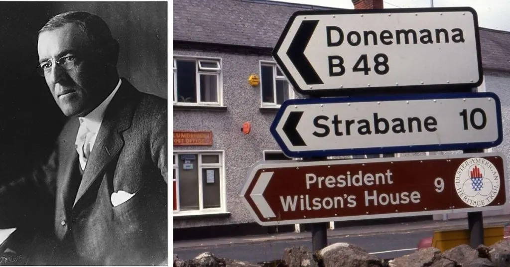 Portrait von Woodrow Wilson und Straßenschilder von Strabane in County Tyrone. 