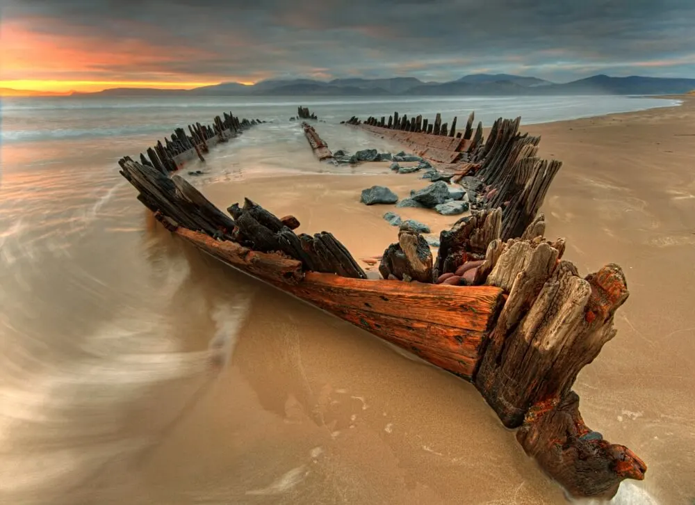 The wreck of the Sunbeam on Rossbeigh Beach in County Kerry.