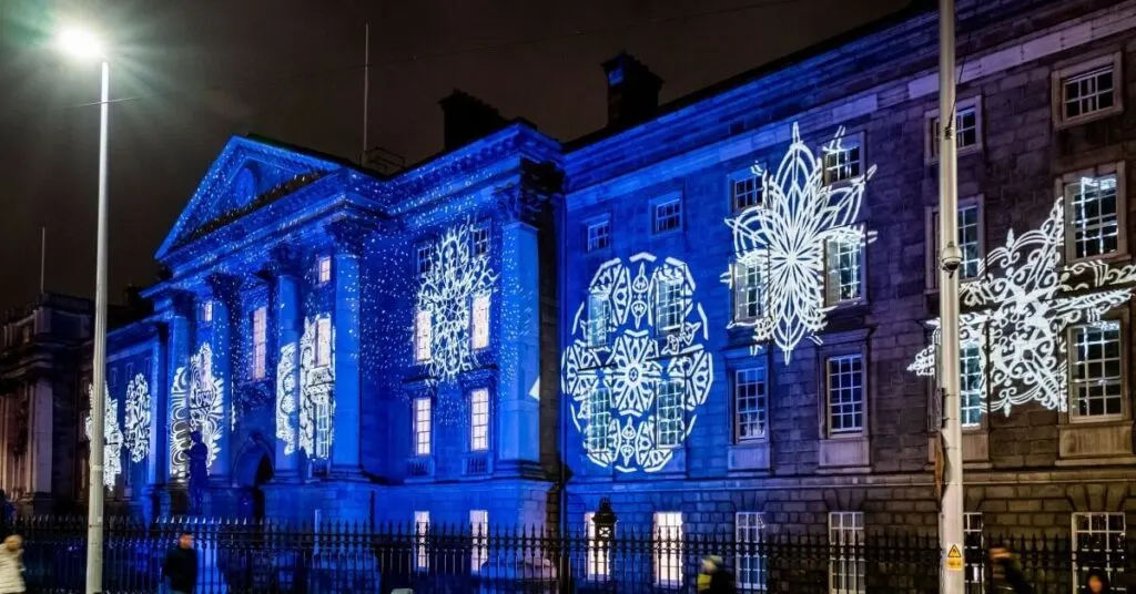 The Christmas lights illuminate Trinity College Dublin, Ireland.