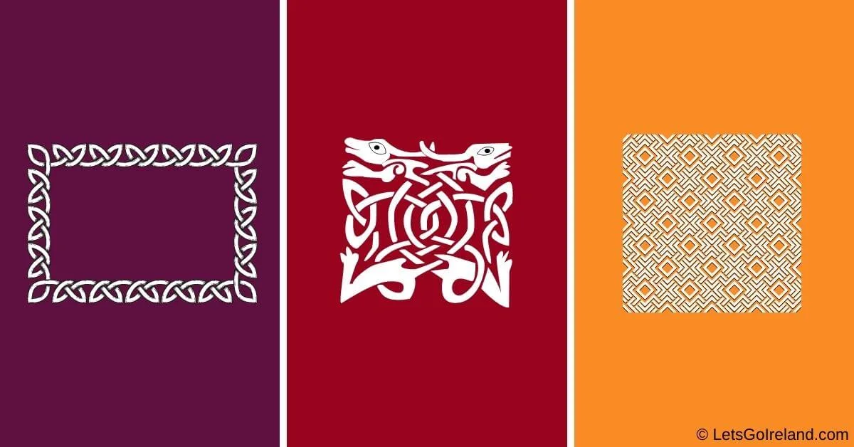 Wiederholte Muster keltischer Knoten wie Verflechtungen und Labyrinthe wurden für Formränder und Fülldesigns verwendet.