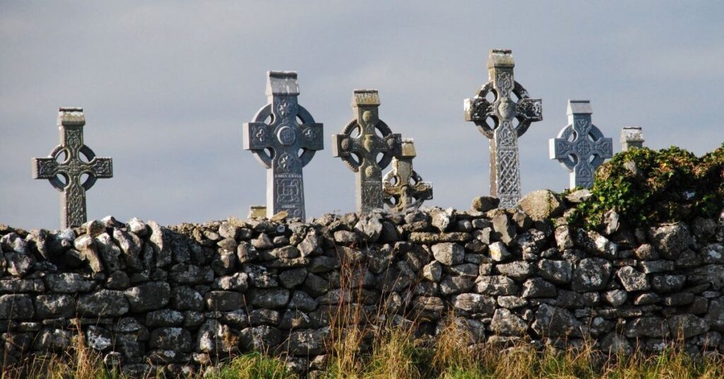 Modern Celtic crosses in a cemetery in Ireland. 