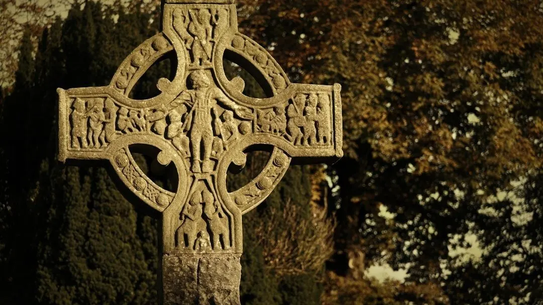 The intersection of the West Cross in Monasterboice depicting the crucifixion.