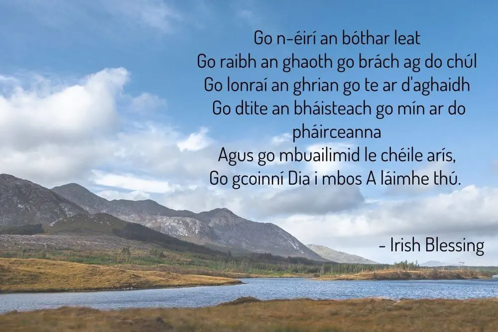 Mountains in Ireland with Irish blessing in Irish lanugage
