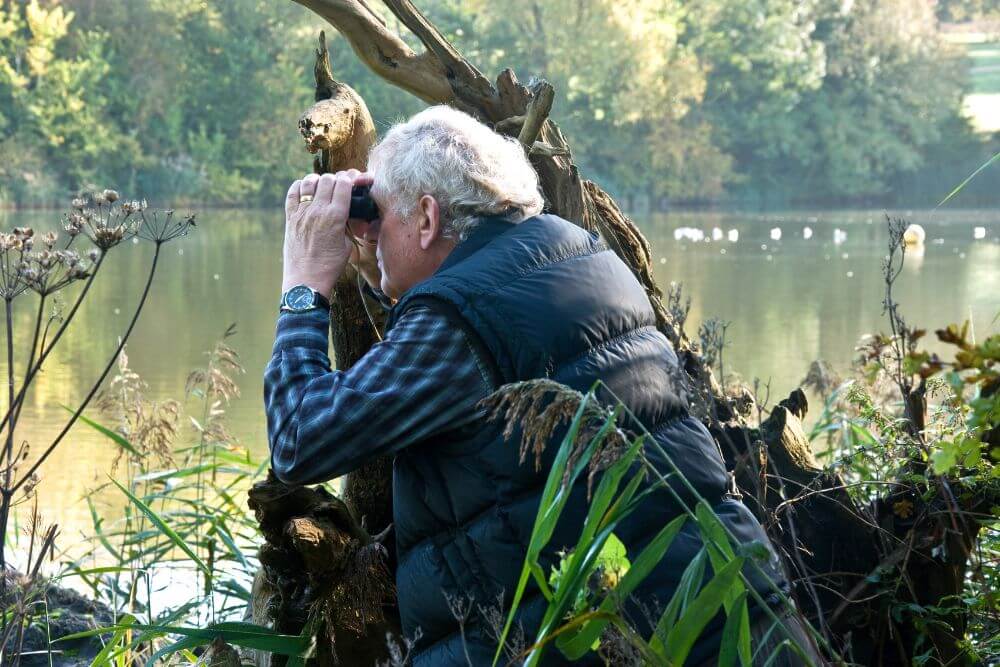 Mann beobachtet Vögel mit einem Fernglas