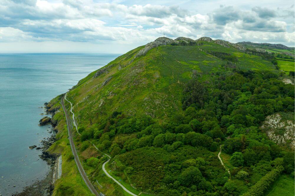 Aerial view of Bray Head, the Bray to Greystones railway track and the Cliff Walk. 