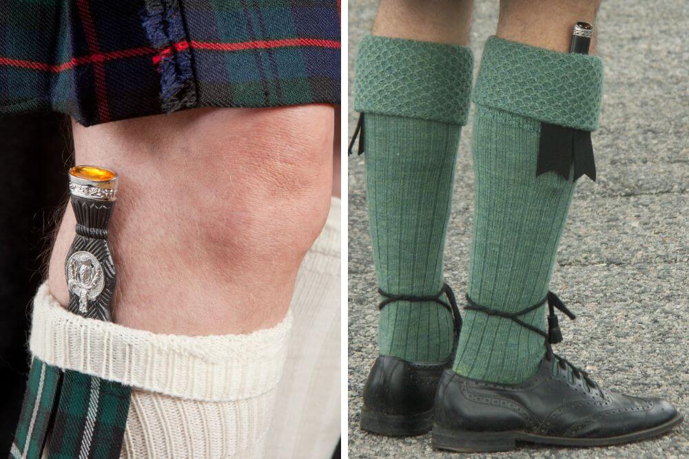 Detail from the single edged blade , Sgian Dubh and the traditional Kilt hose. 