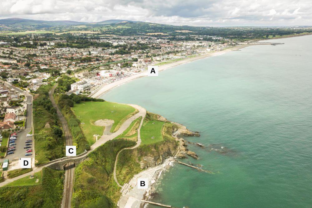 View of Bray with markers for Bray Promenade, Naylor's Cove, Fiddler's Bridge and the remains of the Bray Chairlift.
