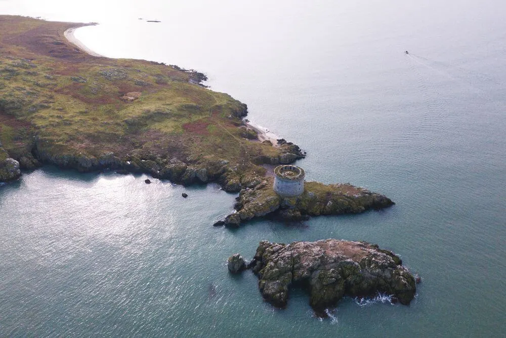 Aerial view of the Martello Tower and Puffin breeding area behind it