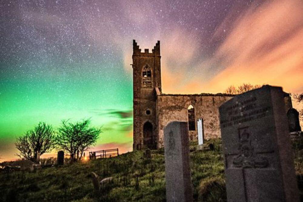 Northern Lights over Linsfort Church, Malin Head, County Donegal.