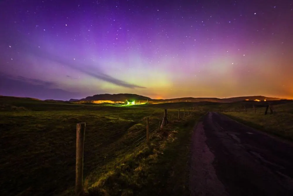 Northern Lights in the sky above Lagg Church, Malin Head, County Donegal.