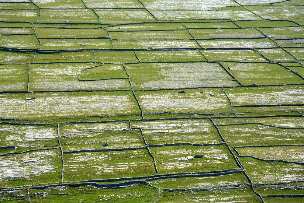 Kleine Felder auf den Aran-Inseln von oben gesehen. 