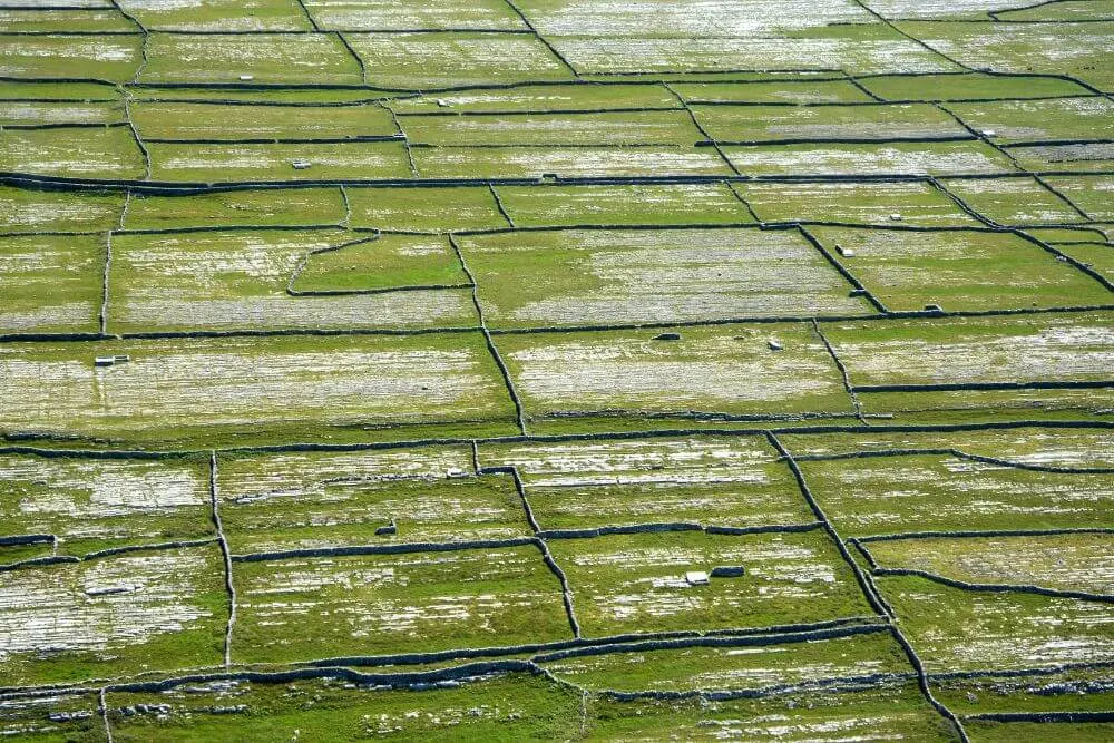 Pequeños campos en las Islas Aran vistos desde arriba. 