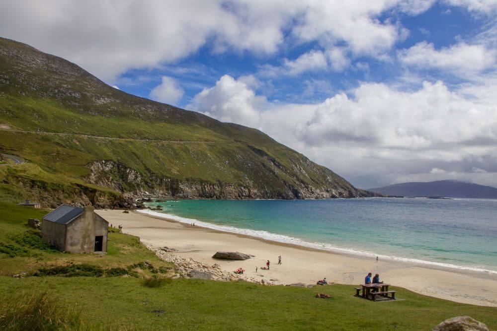 Keem Bay, Achill Island with cottage on the left side. 