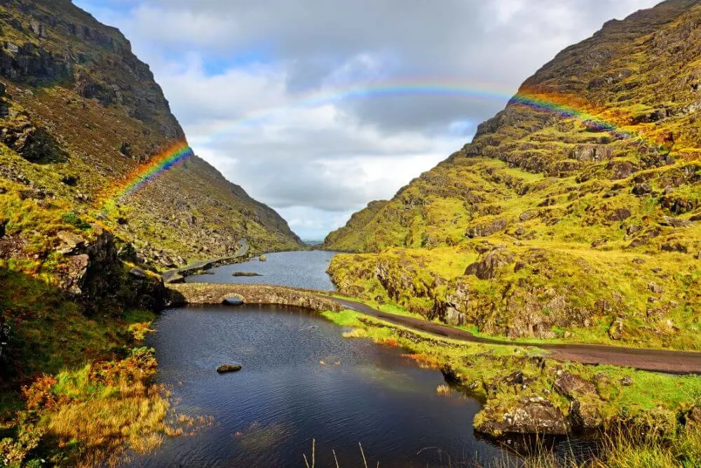 The Gap of Dunlow in County Kerry with a rainbow. 