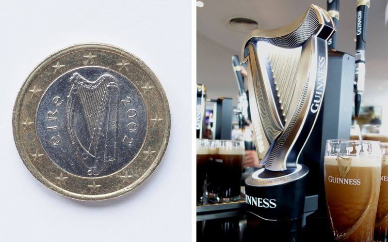 The Irish harp is the symbol shown on all Irish Euro coins. The reverse symbol of an Irish harp is featured in the Guinness logo. 