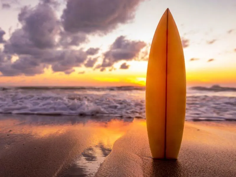 A surf board in the sand at sunset on a beach.