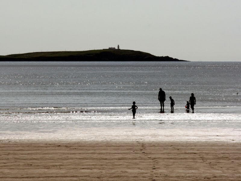 Adults and children playing in the waves on Warren Beach in County Cork.