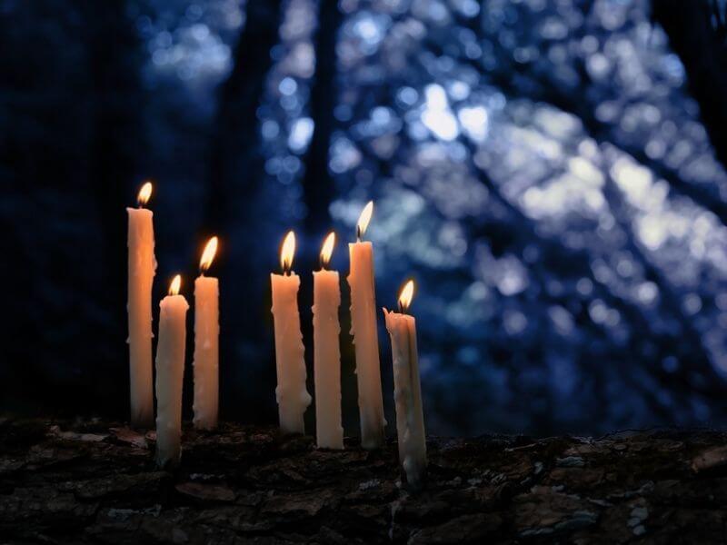 Sieben weiße brennende Kerzen auf eine Ast bei Dämmerung