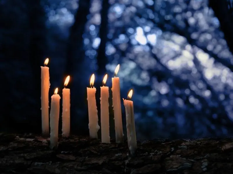 Sieben weiße brennende Kerzen auf eine Ast bei Dämmerung