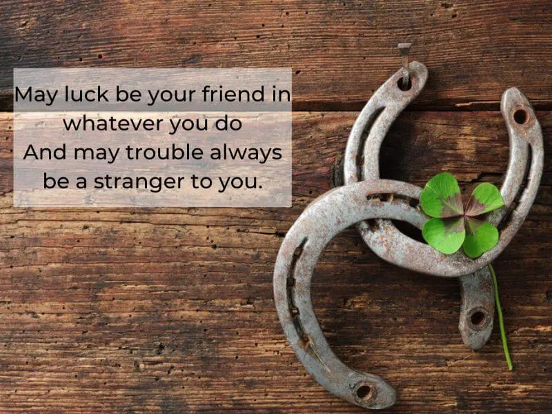 Lucky horseshoes and a four-leaved shamrock with a blessing.
