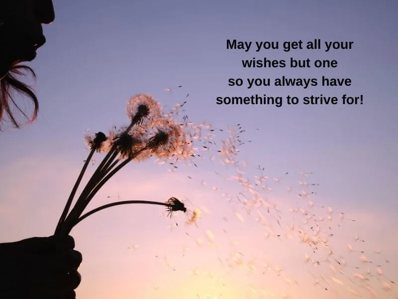 An Irish blessing with someone blowing dandelion seeds against a pink sky.