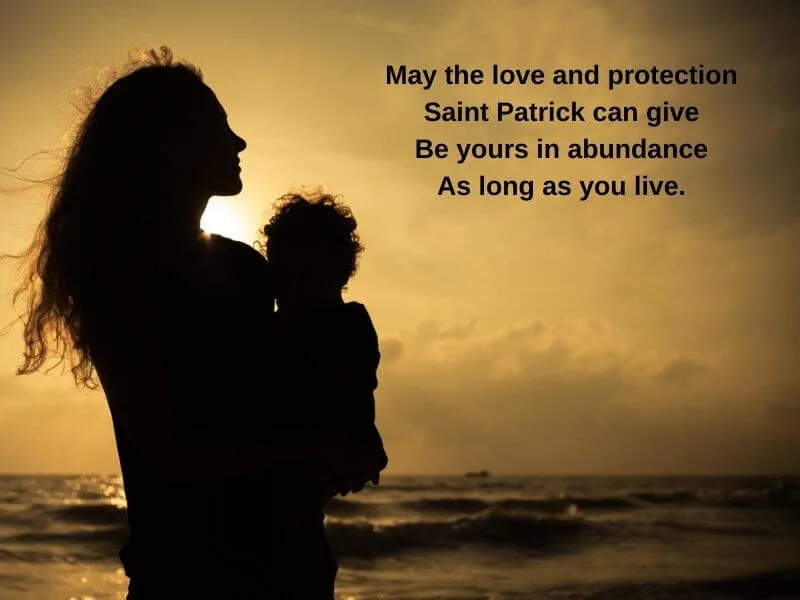 Mother with child at a beach with an Irish blessing text. 