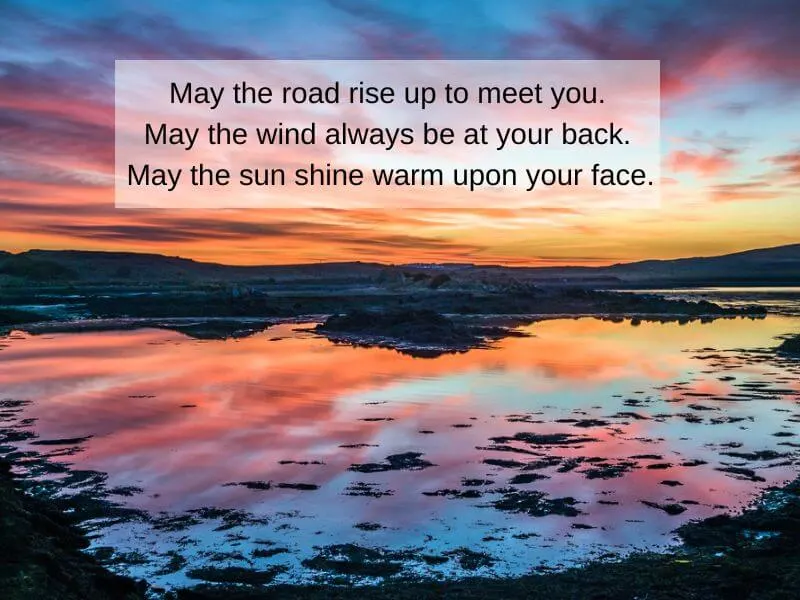 A coastal sunset in County Donegal with Irish prayer text. 
