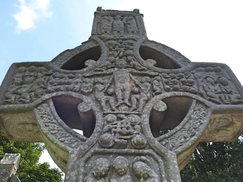 The detailed face of Muiredach's Cross in Monasterboice, County Louth, Ireland. 