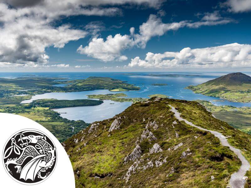 Celtic Dragon knot with view of Connemara in Ireland. 